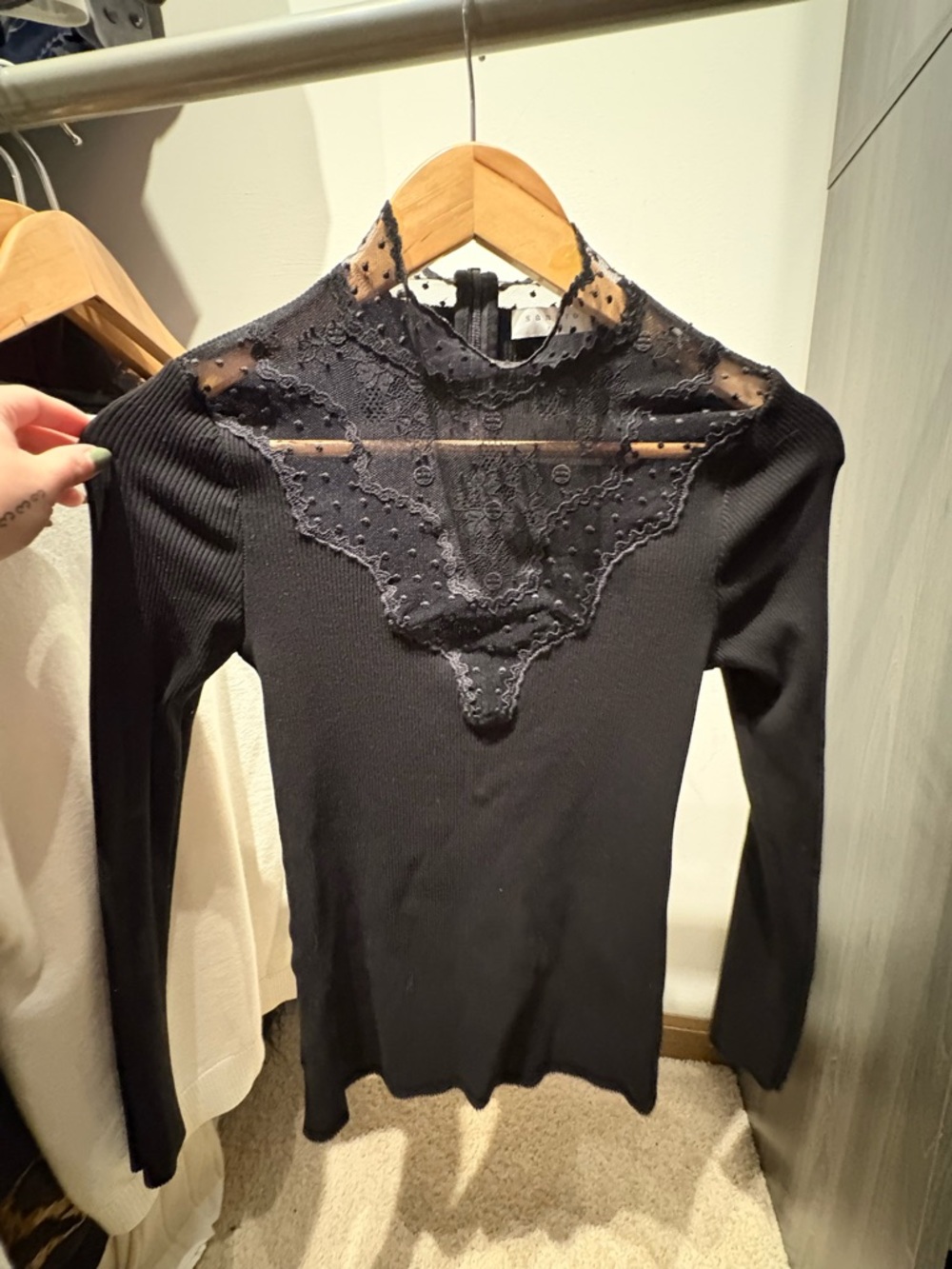 Sandro Black Mock Lace Neck Long Sleeve Top